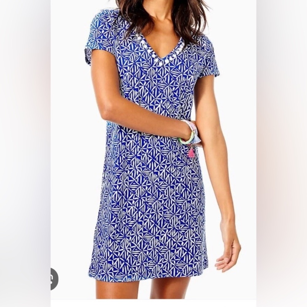 Lilly Pulitzer Etta V-Neck Dress Corsica Blue Easy Peasy Women’s Size S